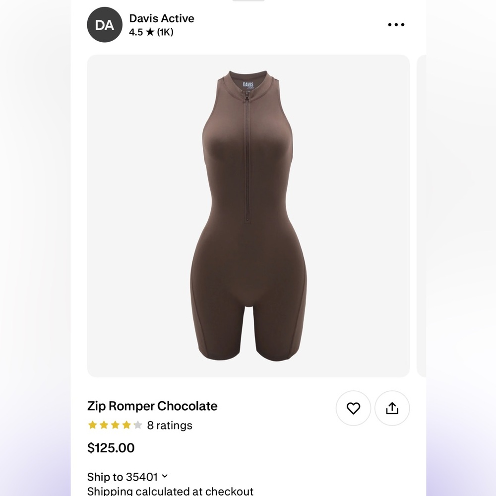 Davis Active Zip Romper in Chocolate